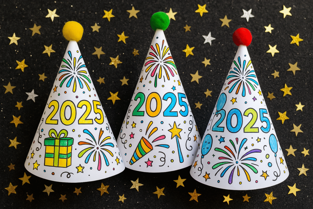 FREE Printable 2025 New Year’s Eve Coloring Party Hats for Kids